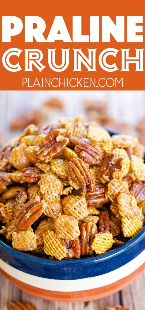 Praline Crunch - highly addictive!! SOOOO good! Sweet and Salty in every bite! Crispix cereal, pecans, brown sugar, corn syrup, butter, vanilla, baking soda. Can make ahead of time and store in an air-tight container. Great for a party or homemade gift! Praline Crunch, Crispix Cereal, Pecan Crunch, Pecan Halves, Chex Mix Recipes, Snack Mix Recipes, Snack Treat, Chex Mix, S'mores