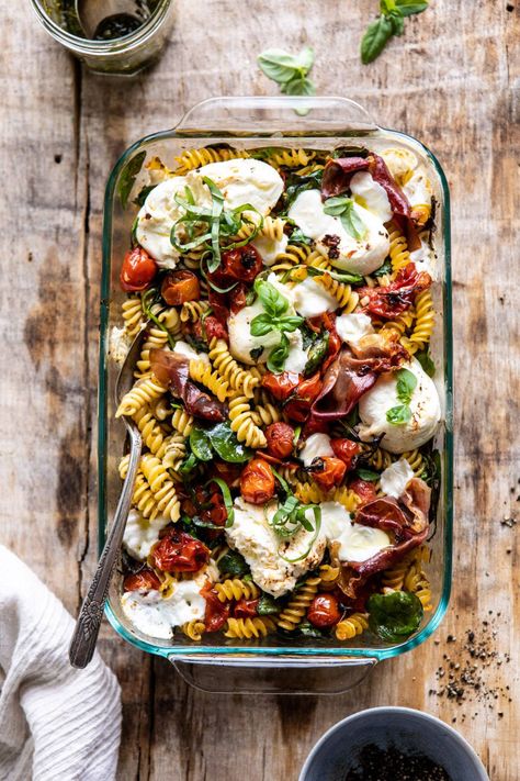 Caprese Pasta Bake, Pesto Pasta Bake, Spring Pasta, Pastas Recipes, Pesto Pasta Recipes, Caprese Pasta, Salad Pasta, Roasted Cherry Tomatoes, Half Baked