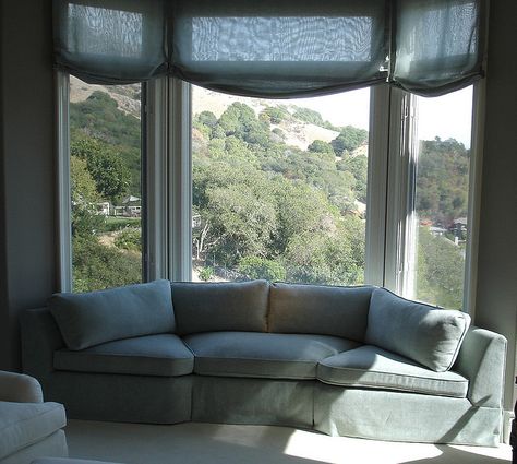 Bay window sofa by Michaels Upholstery Bay Window Couch, Window Couch, Bay Window Sofa, Window Sofa, Bay Window Living Room, Sofa Layout, Bay Window Seat, Living Room Layout, Trendy Living Rooms