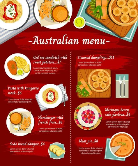 Australian food cuisine menu, restaurant dishes Kangaroo Steak, Italian Food Menu, Mushroom Cream Soup, International Meals, Swiss Cuisine, Pasta Restaurants, Food Illustration Design, Italian Menu, Hot Cheese