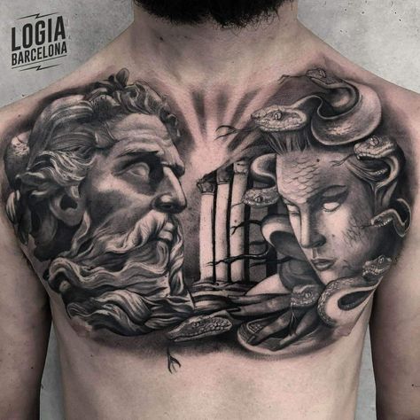 Hercules Tattoo, Persian Tattoo, Poseidon Tattoo, Zeus Tattoo, Chest Ideas, Joker Tattoo, Chest Piece Tattoos, Spider Tattoo, Medusa Tattoo