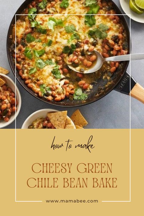 Cheesy Green Chile Bean Bake is a quick and easy dinner featuring roasted green chiles, pinto beans, and salsa verde. It's topped with Monterey Jack cheese and broiled. It pairs well with tortillas, chips, rice, or fried eggs. Variations include Mexican chorizo, bacon, spinach, or pulled chicken. Cheesy Green Chile Bean Bake, Cheesy Green Chili Bean Bake, Green Chili Casserole, Bean And Cheese Enchiladas, Veggie Entrees, Tortillas Chips, Bean Bake, Chili Bean, Meatless Dinners