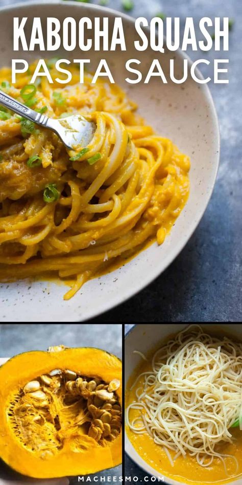 Creamy Kabocha Squash Pasta Sauce with Spaghetti: These delicious and hearty noodles are made with blended squash plus a few simple ingredients. You're going to love this quick hearty winter noodle dish! | macheesmo.com Squash Noodles Recipes, Squash Pasta Sauce, Homemade Pasta Salad, Roasted Kabocha Squash, Pasta Sauce Recipe, Italian Dinner Recipes, Squash Pasta, Kabocha Squash, Noodle Dish