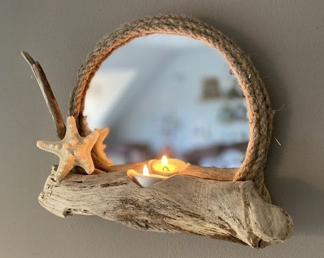 Coastal Mirror, Mirror Projects, Round Mirror With Rope, Coastal Mirrors, Rope Mirror, Ocean Room, Driftwood Mirror, Shell Mirror, Driftwood Projects