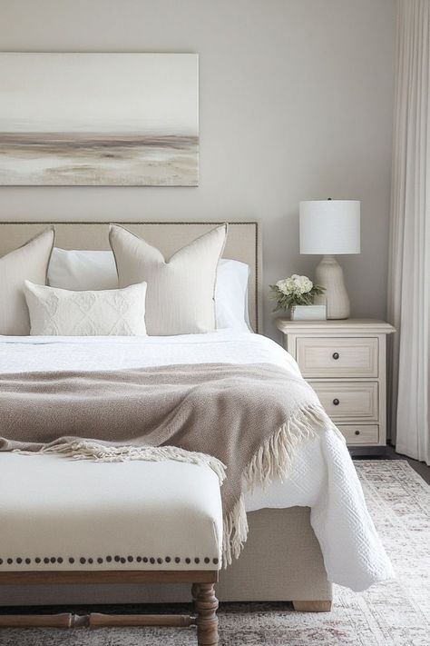 Design a tranquil bedroom retreat with a palette of neutral colors. Use layers of soft whites, creams, and taupes to create a peaceful space perfect for rest and relaxation. 🛏🌙🌿 #NeutralBedroom #TranquilSpaces #HomeDecor #SleepSanctuary Neutral Hotel Bedroom, White And Taupe Bedding, Neutral Hotel Room, Neutral Colors For Bedroom, Beige Hotel Bedroom, White And Taupe Bedroom, White And Tan Duvet Cover, Whiteand Taupe And Grey Bedding, Colors For Bedroom