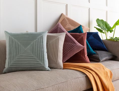 Surya's Akira pillows have a pleated, cotton velvet design in subtle muted hues to bold jewel tones that are functional across design styles. Clay Pillow, Peach Pillow, Elevated Home, Old Apartments, Boho Chic Bedroom, India Colors, Cotton Texture, Velvet Pillow, Velvet Throw