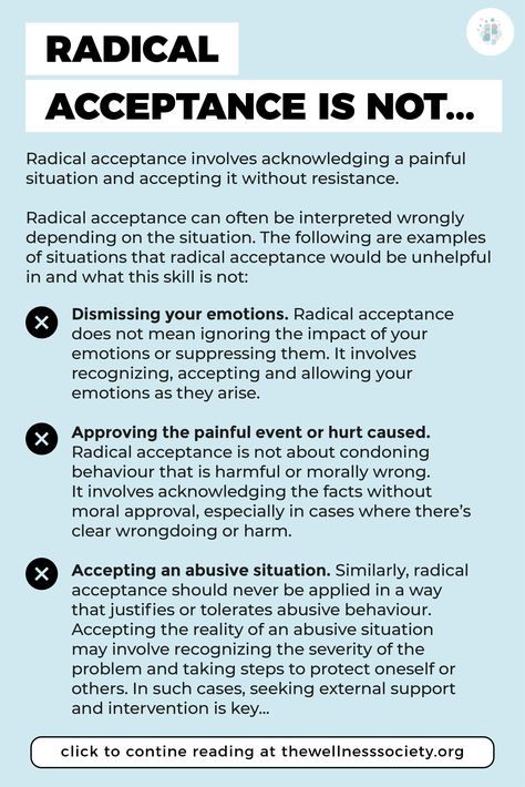 What is radical acceptance in DBT exactly? Click to learn more at thewellnesssociety.org Radical Acceptance Worksheet, Radical Acceptance Dbt Worksheet, Therapist Techniques, Counselling Tools, Dbt Therapy, Distress Tolerance, Dbt Skills, Radical Acceptance, Behavior Therapy