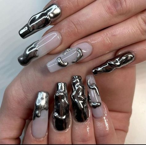 Acrylic Nails 3d Designs, Nails 3d Designs, Black And Silver Nails, Acrylic Nails 3d, 3d Acrylic Nails, Gothic Nails, Nails 3d, Edgy Nails, Goth Nails