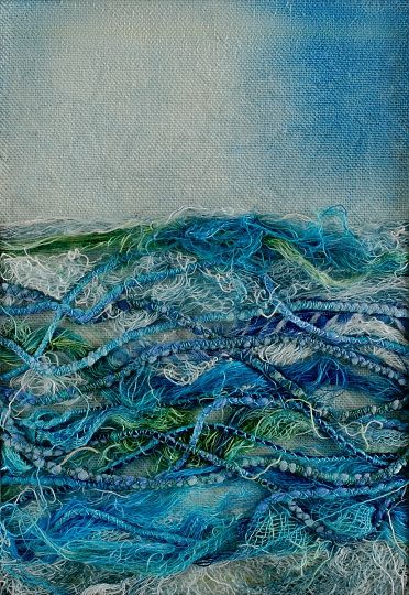 Ocean with painted and dyed thread by Jeri Flom Surface Techniques On Fabric, Beach Textiles, Ocean Sketchbook, Ocean Inspired Fashion, Gcse Art Sketchbook Ocean, Sea Textiles, Water Textiles, Ocean Textiles, Water Textiles Sketchbook