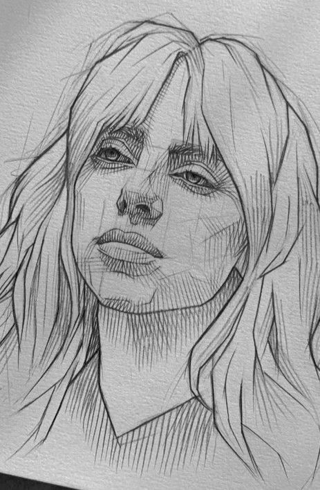 Billi Eilish Drawings, Cross Hatching Face Sketch, Cross Hatching Drawing Anime, Cross Hatching Drawing Portrait, Cross Hatching Portrait, Famous People Drawings, Cross Hatching Art, Portrait Sketches Simple, Cross Hatching Drawing