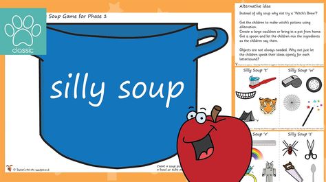 Phase 1 Phonics Silly Soup Game A fun game to play to encourage alliteration for initial sounds. Included is a 'soup pot', images for each initial sound and also ideas for how to use the activity. Why not create a Witch's cauldron? And make a potion using alliteration instead? To check out all our other amazing Phonics and Letters and Sounds themed... - www.tpet.co.uk - Classroom Resources by Teacher's Pet Phonics Games Eyfs, Free Phonics Games, Alliteration Activities, Phase 1 Phonics, Rhyming Games, Cool Science Fair Projects, Witchs Cauldron, Abc Phonics, Phonics Free