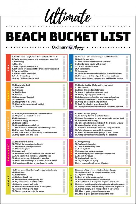 Beach bucket list - over 100 ideas for things to do at the beach! Includes romantic activities, things to do with friends at the beach, things to do with the family at the beach, fun beach games, unique summer activities,  and more! Beach Bucket List, Fun Beach Games, To Do At The Beach, Beach Scavenger Hunt, Family At The Beach, Romantic Activities, Friends At The Beach, Things To Do With Friends, Beach Things