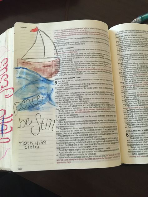 Mark 4:39. KJV. Bible journaling. Peace be still. Lindsey Ramsey Mark 4 Bible Journaling, Peace Be Still, Mark 4, Kjv Bible, Bible Art Journaling, Bible Journal, Bible Art, Art Journaling, Bible Journaling