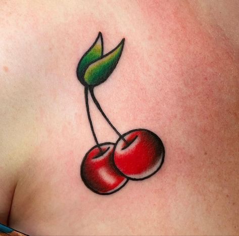 Retro Cherry Tattoo, Goth Cherry Tattoo, Cherry Ankle Tattoo, Cherry Tattoo Traditional, Traditional Cherry Tattoo, Cherry Tattoo Design, Fruit Tattoos, Cherry Tattoo, Fun Tattoo