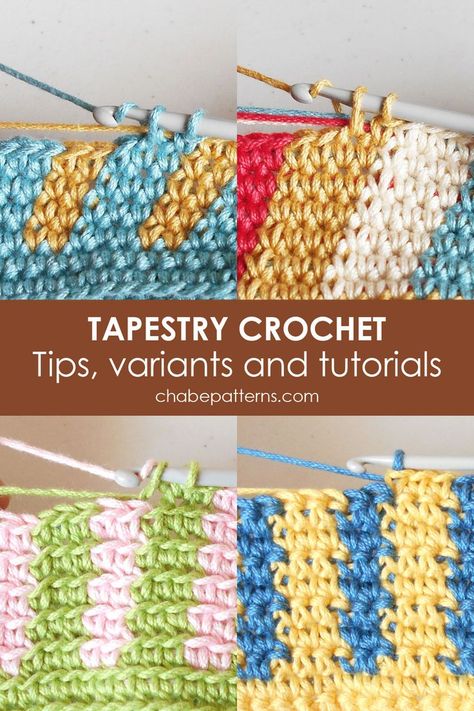 Learn tapestry crochet with different stitches and broaden your crochet skills with this fun color work technique. Practice with the free patterns and videos, to create beautiful projects. Crochet Color Work, Crochet In The Round, Cozy Crochet Patterns, Crochet Knit Stitches, Crochet Blanket Designs, Crochet Tips, Diy Friendship Bracelets Patterns, Tapestry Crochet Patterns, Tapestry Bag