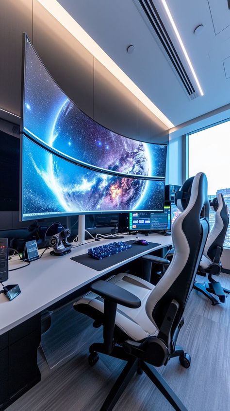 Futuristic office setup with curved monitor displaying cosmic scene, modern office design, ergonomic chair, minimalist decor Room Ideas Couples, Couple Gaming Room Setup, Futuristic Office, Games Room Inspiration, Curved Monitor, Small Game Rooms, Futuristic House, Couple Room, Computer Gaming Room