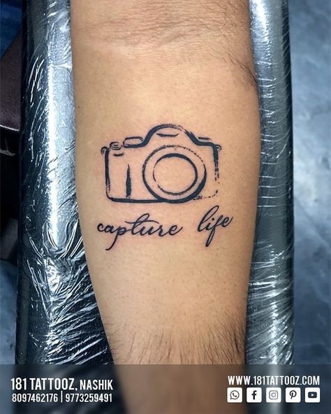 Camera is the first love of every Photographer. And as the quote truely says "Capture life", he does the same.. Relate to your profession with a tattoo and strengthen your goals towards it... For such Profession related tattoos visit @181_tattooz_studio Camera Tattoo Ideas, Tattoo Ideas Minimal, Photography Tattoos, Photographer Tattoo, Related Tattoos, Camera Tattoos, Photography Tattoo, Men Tattoos, Camera Tattoo