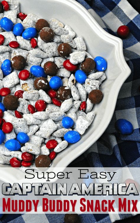 Captain America Snack Mix Recipe – An easy Marvel party food idea. The Red, White and Blue snack mix also makes a great patriotic treat! Fun Marvel food ideas | the Avengers sweets | Awesome Captain America recipes for families | superhero parties | superheroes | #CaptainAmerica #Avengers #TheAvengers #Marvel #AvengersParty #MarvelParty #partyfood Blue Party Food, Blue Party Foods, Red White And Blue Party, White And Blue Party, Snack Mix Recipe, Marvel Party, Kentucky Fried Chicken, Patriotic Food, 4th Of July Desserts