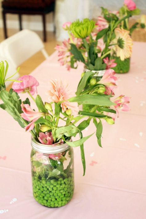 Ahomewithwalls.com - Princess and the Pea Baby Shower - Sprinkle Shower - for Penelope Mae - peas and flowers in mason jar floral centerpieces - princess and the pea party ideas Triplet Baby Shower, Sweet Pea Baby Shower, Frog Baby Showers, Baby Shower Sweets, Twin Birthday Parties, Sprinkle Shower, Ideas Baby Shower, Trendy Baby Shower Ideas, Princess And The Pea