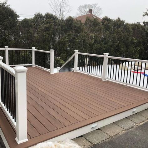 Brown Composite Deck With White Railing, Dark Brown Composite Decking, Brick House Deck Colors, Deck Color Ideas For Red Brick House, Brown House Deck Color, Timbertech Antique Leather Deck, Trex Woodland Brown Deck, Two Tone Deck Color Ideas Paint, Gray House Brown Deck