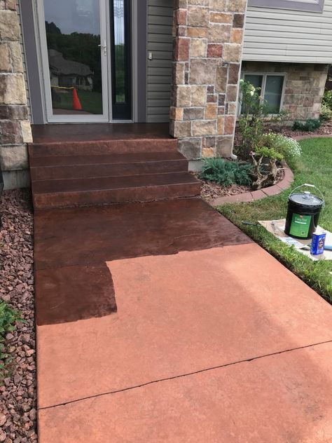 Change the Color of Stained Concrete | Direct Colors Stained Concrete Porch, Stained Concrete Driveway, Tinted Concrete, Diy Concrete Stain, Concrete Stain Colors, Concrete Stain Patio, Paint Concrete Patio, Painted Concrete Steps, Painting Front Porch