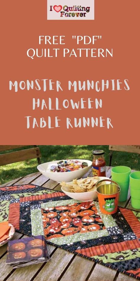 Free Quilt Pattern: Monster Munchies Halloween Table Runner Halloween Quilted Table Runners Patterns Free, Halloween Quilt Table Runner Pattern, Fall Table Runner Quilt Patterns, Halloween Quilt Table Runner, Free Halloween Table Runner Patterns, Quilted Halloween Table Runners, Halloween Table Toppers, Halloween Table Runner Pattern, Halloween Quilted Table Runner