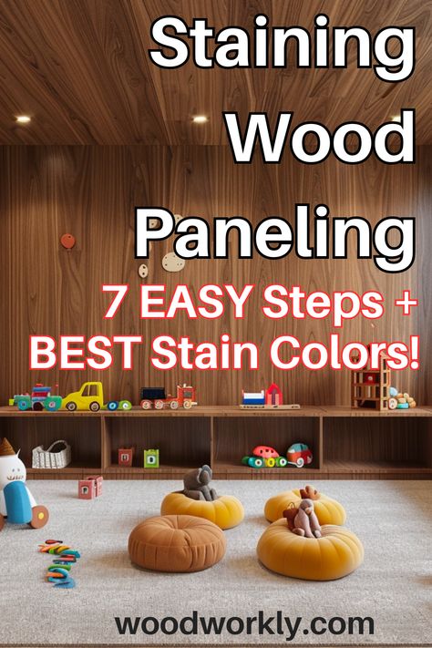 Elevate your space with stained wood paneling using expert tips from Woodworkly. Learn how to achieve a flawless finish and transform your interiors with stained wood paneling. Enhance the beauty of your home today! #WoodPaneling #StainingWood #HomeImprovement #BestStainForWoodPanel Staining Wood Paneling Walls, How To Restain Wood, Wood Paneling Makeover, Paneling Makeover, Vinyl Panels, Painting Wood Paneling, Diy Staining, 1970s Decor, Wood Finishing