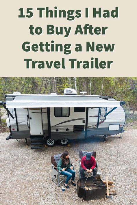 First Time Rv Camping Tips, Rv Checklist Travel Trailers, Travel Trailer Essentials List, Small Trailer Living, New Trailer Essentials, Travel Trailer Set Up Outside, Camper Trailer Must Haves, Camping Storage Ideas Travel Trailers, Camper Checklist Travel Trailers