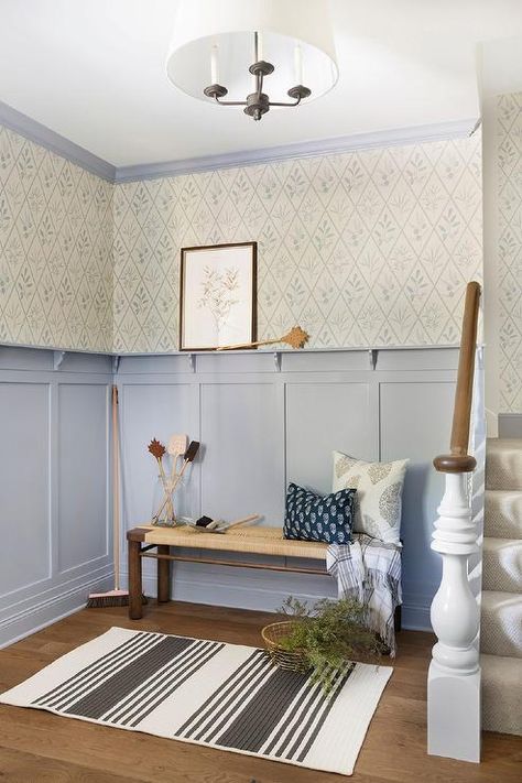 Mud Room Wallpaper, Blue Board And Batten, Lake Apartment, Room Wallpaper Ideas, Art Hallway, Industrial Crafts, Romantic Industrial, Bunk Bed Rooms, Bathroom Contemporary