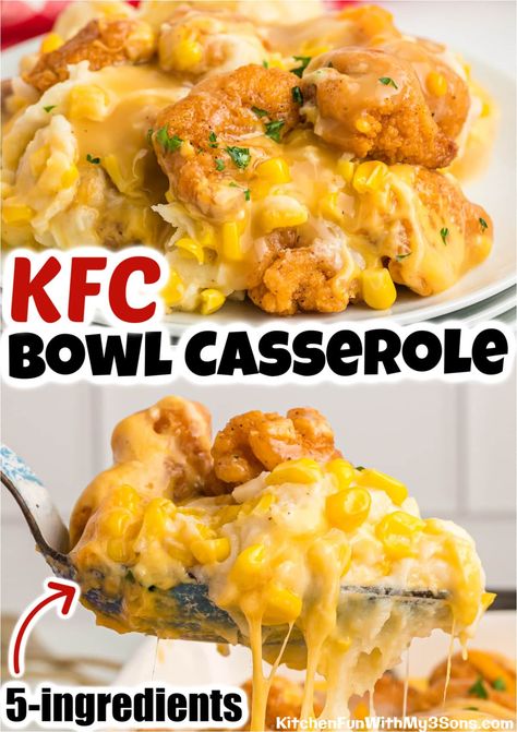 Put down your car keys and rest easy knowing that you can make KFC right in your kitchen. This amazing KFC Bowl Casserole is all the best ingredients that this popular restaurant has to offer in one big dish. It includes popcorn chicken, mashed potatoes, cheddar cheese, chicken gravy, and corn. Kfc Bowl Casserole, Kfc Bowl Recipe, Kfc Bowls, Popcorn Chicken Recipe, Chicken Bowl Recipe, Chicken Shed, Corn Cheese, Kfc Chicken, Popcorn Chicken