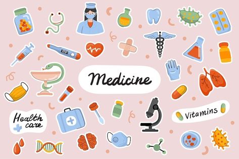 Medicine cute stickers template scrapboo... | Premium Vector #Freepik #vector #cartoon-doodle #doodle-elements #drawn #cute-sticker Free Cute Stickers, Medicine Images, Good Notes Planner, Medical Items, Doctor Stickers, Medical Stickers, Clothing Printing, Frames Wall Art, Medical Wallpaper