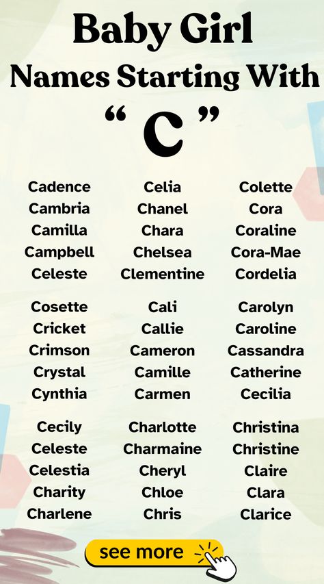 Graceful baby girl names starting with C. Unique and lovely options await.

#BabyNames  #CNames Names That Start With Letter C, C Names For A Girl, C Baby Names, Vampire Names, A Girl Names, C Girl Names, Fantasy Alphabet, Rp Names Ideas