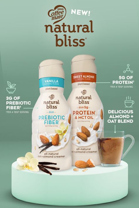 We’ve got you covered with NEW natural bliss Vanilla flavored creamer with Prebiotic Fiber and Sweet Almond flavored creamer with 5g of Protein per 4tbps serving. Oat + Almond coffee creamers that are both delicious and beneficial! Try them both today! Flavored Creamer, Bliss Products, Almond Coffee, Protein Water, Vanilla Protein Shakes, Coffee Creamers, Mixed Drinks Recipes, Almond Flavor, Food Graphic Design