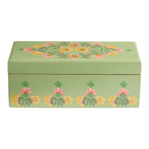 Mint Hand Painted Wood Floral Tea Storage Box - World Market Tea Box Storage, Painted Jewelry Boxes, Tea Storage, Hand Painted Jewelry, Mid Century Jewelry, Tea Box, Dream Room Inspiration, Floral Tea, Cute Room Decor