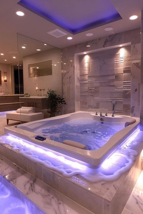 Bathrooms With Jacuzzi Master Bath, Futuristic Luxury Apartment, Luxury Bathroom With Jacuzzi, Dream Home Bathrooms Luxury, Luxury Interior Design Bathroom, Dream Shower Aesthetic, Cool Bathroom Ideas Modern, My Dream Bathroom, Dream House Features