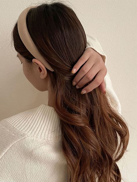 Khaki Casual Collar  Fabric Plain Wide Headband Embellished   Women Accessories Thick Headband Aesthetic, Clean Girl Headband, Korean Headband, Korean Accessories Hair, Korean Style Headband, Minimalist Headband, Kim Dress, Embellished Headbands, Wide Headband