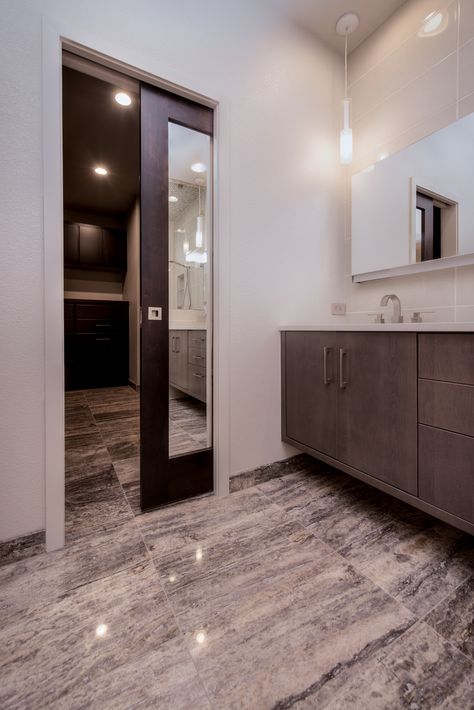 Master-suite-with-mirrored-closet-door-in-Fort-Collins Mirrored Pocket Door, Pocket Doors Bathroom, Half Bathroom Remodel, Guest Bedroom Remodel, Luxury Bathroom Master Baths, Small Bedroom Remodel, Bathroom Closet, Master Bath Remodel, Pocket Door