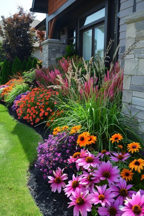 71 Top Summer Gardening Ideas Of 2024 Landscape Designs For Front Yard, Large Flower Bed Ideas Front Yards, Flower Beds In Front Of House, Backyard Flowers Beds, Front Flower Beds, Side Walk, Front Garden Landscape, Garden Flower Beds, Backyard Flowers