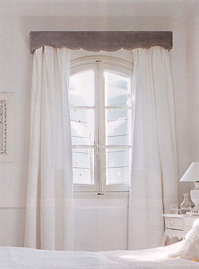 Gray Velvet Cornice draws attention away from the arched top of the French doors which you probably wouldn't want to follow anyway! Wooden Valance, Pelmet Box, Wood Valance, Arched Windows, White Curtains, Luxury House Designs, Cool House Designs, Guest Bathroom, Bed Room