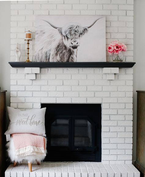 Fireplace White And Black, Black Mantle White Fireplace, White And Black Fireplace Ideas, White Fireplace With Black Mantle, White Fireplace Black Mantel, Black And White Mantle, Black And White Fireplace, Modern Farmhouse Mantle, Modern Farmhouse Glam