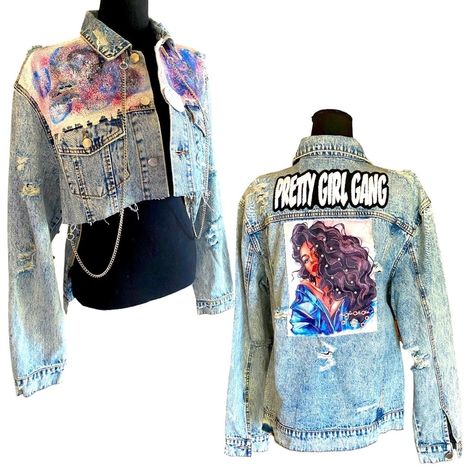 “Pretty Girl Gang” Denim Jacket Nwt Ptp 22” Length 25” Hand Painted, Embroidered, Authentic Patches With Sherpa Embroidery. Raw High Low Edge. Silver Chains, Front Button Closure. Bff Activities, Weird Clothing, Hand Painted Clothes, Jacket Hand Painted, Free People Jean Jacket, Jean Jacket Hoodie, Denim Jacket With Hoodie, Old Navy Jean Jacket, Jacket Ideas