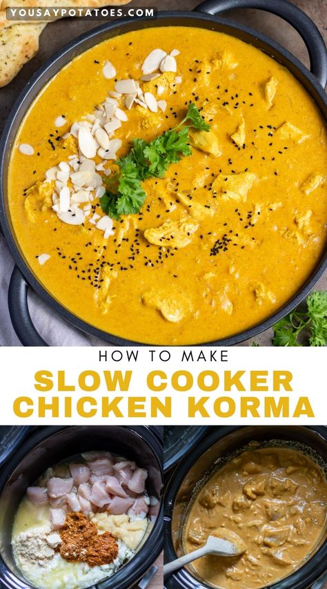 Dish of curry, and pictures of making it in a crockpot, with text: How to make slow cooker chicken korma. Easy Dump And Go Crockpot, Stroganoff Chicken, Slow Cooker Chicken Korma, Curry Slow Cooker, Dump And Go Crockpot, Slow Cooker Curry Recipes, Easy Delicious Meals, Chicken Korma Recipe, Slow Cooker Curry