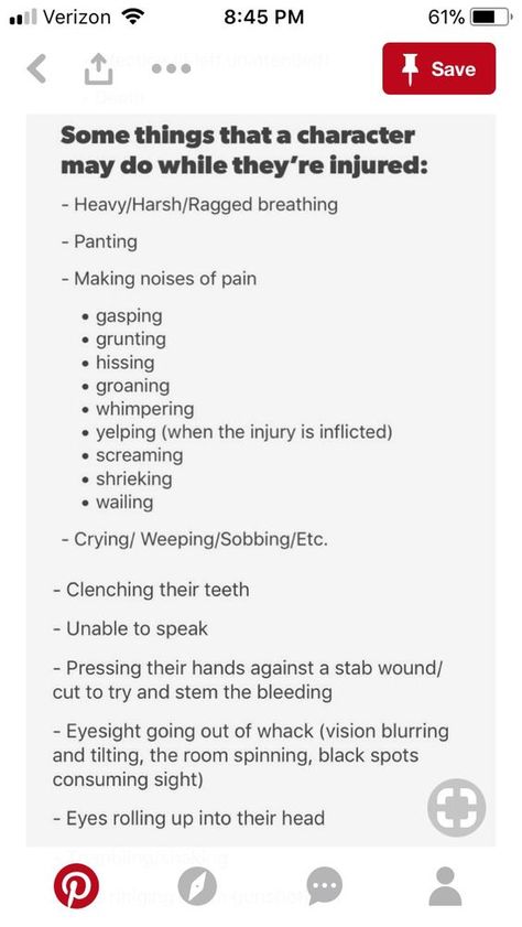 also, NAUSEA. Some people react with dizziness, vomiting, or just extreme nausea. Don't forget sweating, too. Rp Plots, Plot Ideas, Character Prompts, Theater Design, Writer Tips, Cody Christian, Writing Characters, Writing Dialogue, Story Prompts