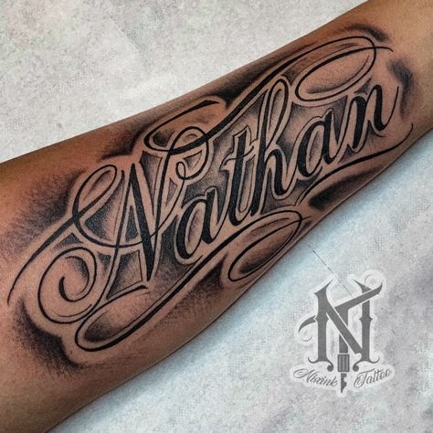 Name On Forearm Tattoo Men, Mexican Name Tattoo, Shaded Forearm Tattoo, Forearm Lettering Tattoo Men, 2 Names Tattoo Ideas, Last Name Forearm Tattoo Men, Last Name Forearm Tattoo, Last Name Tattoos For Men On Forearm, Sons Name Tattoo Ideas For Men