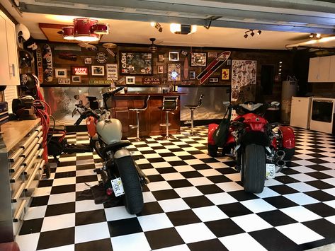 Black and white checkerboard garage floor. Man cave. Motorcycle. Can-am. Harley Davidson. Bar in garage. Diamond plate walls. Motorcycle Man Cave, Motorcycle Man, Man Cave Design, Man Cave Bathroom, Garage Floor Tiles, Man Cave Room, Cool Garages, Man Cave Basement, Garage Floor Plans