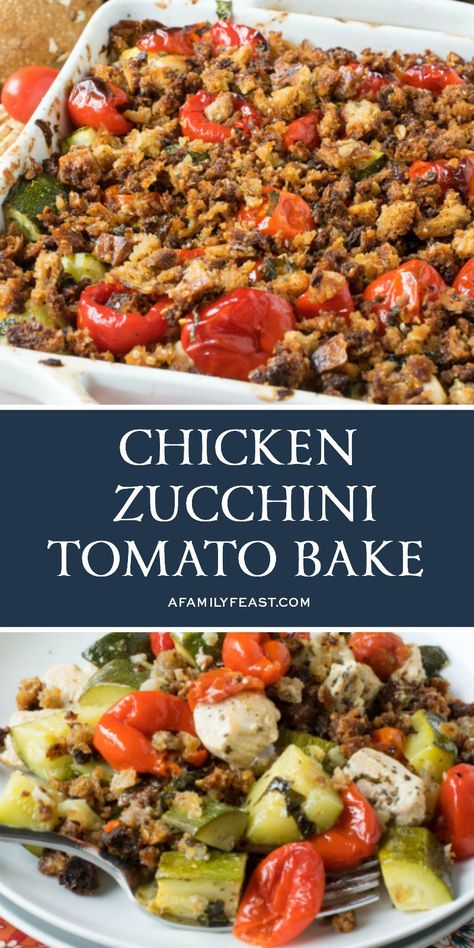 Our Chicken Zucchini Tomato Bake is loaded with flavor. Tender chunks of chicken and zucchini with tomatoes and peppers, plus a crispy crumb topping. Chicken Zucchini Tomato, Zucchini Tomato Bake, Crisp Zucchini, Chicken Food Recipes, Tomato Bake, Chicken And Zucchini, Chicken Zucchini Casserole, Zucchini Casserole Recipes, Zucchini Aubergine