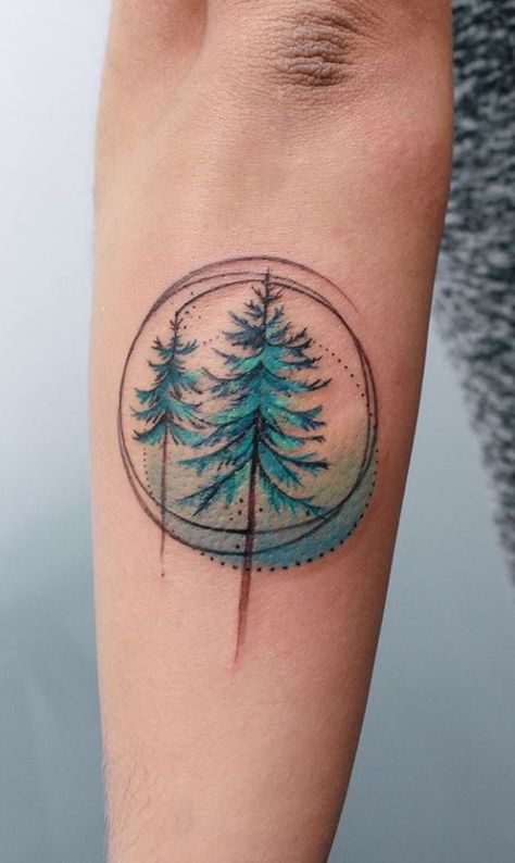 Green Pine Tree Tattoo - TattManiaTattMania Watercolor Tattoo Tree, Pine Tree Tattoo, Christmas Tattoo, Tree Tattoo Designs, Disney Tattoo, Tatuaje A Color, Lotus Tattoo, Diy Tattoo, Wolf Tattoos