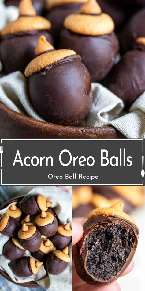 Make your Thanksgiving extra sweet with these adorable acorn-shaped Oreo Balls! These no-bake Oreo truffles are made with crushed Oreos, cream cheese, and coated in chocolate for a festive twist. Perfect for fall parties, holiday gatherings, or as edible gifts, these bite-sized treats are easy to make and fun to decorate. Impress your guests with this simple yet creative dessert idea! Acorn Dessert, Thanksgiving Truffles, Fall Truffles, Dessert With Oreos, Bite Size Thanksgiving Desserts, No Bake Appetizers, Oreo Balls Recipe, Baked Appetizers, Cheese And Chocolate