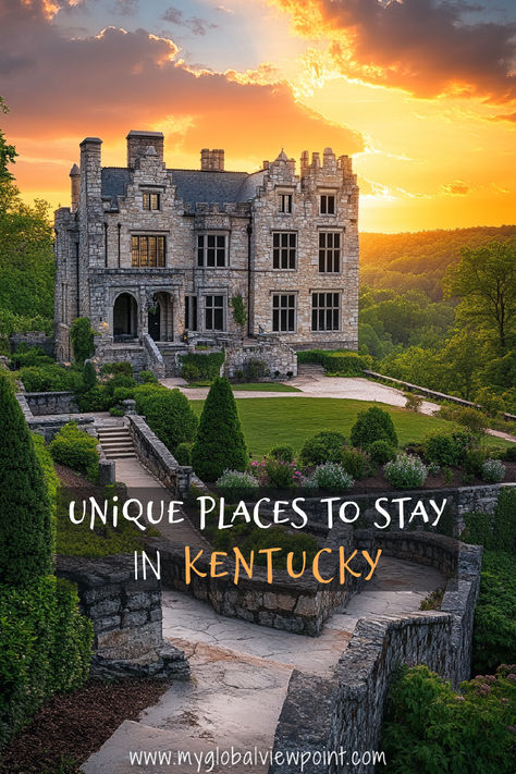 A grand stone mansion surrounded by lush greenery and bathed in the warm light of a sunset, one of the most unique places to stay in Kentucky. Places To Go In Kentucky, Kentucky Weekend Getaways, Kentucky Vacation Ideas, Williamstown Kentucky, Cool Airbnb, Bardstown Kentucky, Kentucky Vacation, Frankfort Kentucky, 2025 Family