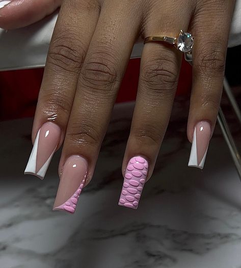 Medium Short Acrylic Nails Designs, Freestyle Nails Acrylic Medium, Pink Croc Nails Acrylic, Medium Freestyle Nails Acrylic, Medium Square Acrylic Nails Pink, Medium Nails Design, Medium Pink Acrylic Nails, Pink Freestyle Acrylic Nails, White Medium Nails